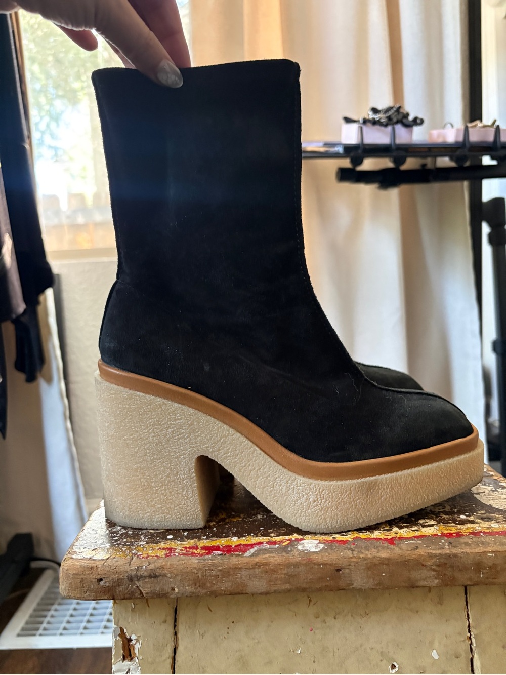 Free People Black Suede Platform Ankle Boots with Cream Sole